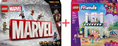 Набір конструкторів LEGO Super Heroes Логотип і мініфігурки Marvel 931 деталь + Friends Перукарня та магазин аксесуарів 347 деталей (76313_42662)