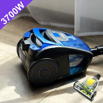 Маленький мощный пылесос для дома с турбощеткой Rainberg 3700W, Мощный контейнерный пылесос без мешка RB-652TB Blue