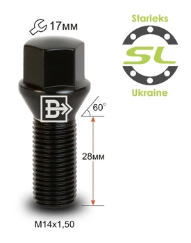 Болти колісні M14x1, 5x28; Конус, Чорний хром, ключ 17, Starleks bk97 - шт. (Alfa Romeo, BMW, Fiat, Citroen, Saab, Peugeot, Renault, Volvo)