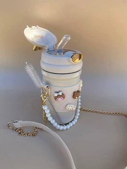 Термос дитячий непроливайка з трубочкою 480мл Бежевий Зайчик +щіточка в подарунок