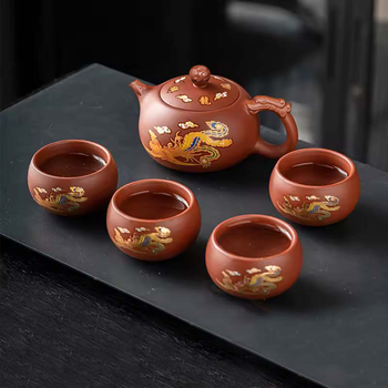 Чайный набор Lesko 0321610 Dragon and Phoenix заварник Brown 480 ml + 4 пиалы