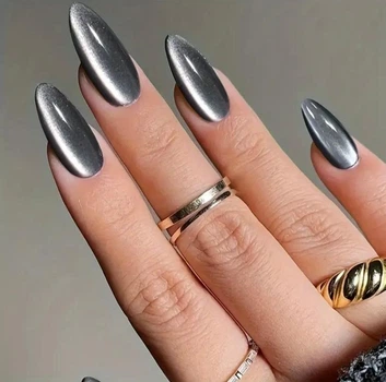 Накладные ногти для рук Cat Eyes кошачий глаз, чёрное серебро, форма миндаль, средние, 24 шт