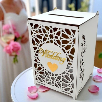 Деревянная Белая Коробка на Свадьбу 26х18х18 см Свадебная Казна "Wedding Сердце" Коробочка для Денег и Конвертов Сундук Копилка