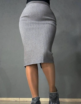 Спідниця жіноча My fashion 478-123-70 в'язана в рубчик середньої довжини з розрізом one size сіра