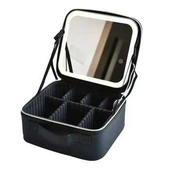 Портативная кожаная косметичка с зеркалом и подсветкой 26x23x11 см Black