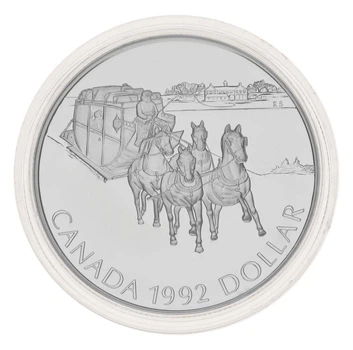 Монета Канада 1 доллар 1992 Серебро UNC Кони (лошади) 175 years of Kingston stagecoach