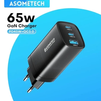 Зарядний пристрій ASOMETECH GaN 65W 1USB+2Type-C Fast Charger Black