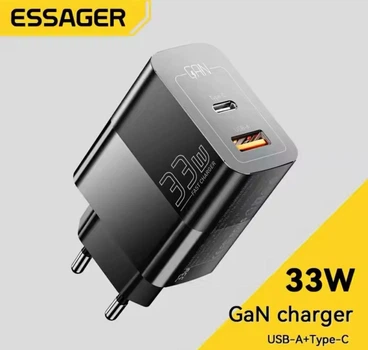 Зарядное устройство Essager 33W GaN Digital Travel Charger USB-A и USB-C Black Сетевое
