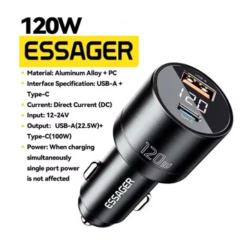 Автомобильное зарядное устройство для Essager 120W LED Type-C 100w + USB 20w в прикурюватель авто + вольтметр