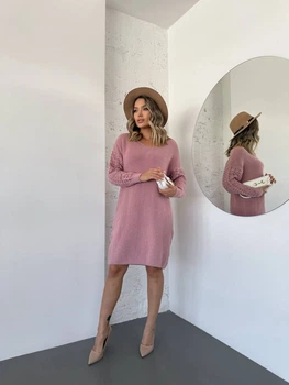 Вязаное платье с ажурными рукавами розового цвета 35028 One Size