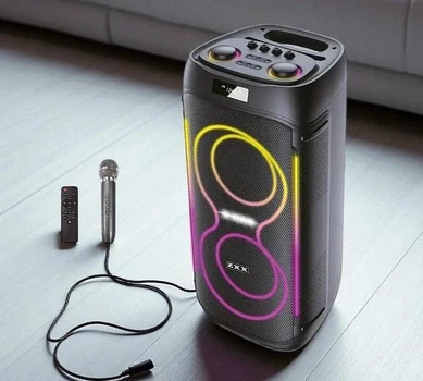 Акустическая переносная колонка с подставкой для телефона, микрофоном и LED подсветкой, TWS/FM/USB/TF/BT/LED/REC/ДК/MIC, Черный (9О55)