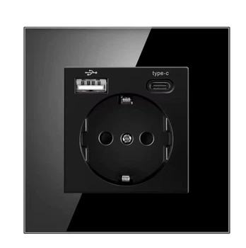 Розетка с USB и Type C с заземлением NYWP со стеклянной панелью черная