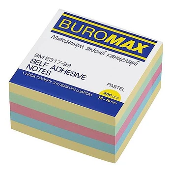 Блок для нотаток з клейким шаром 75х75 мм, 450 аркушів, пастель Buromax (BM.2317-99)