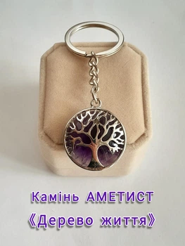 Кулон с натуральным камнем Аметист в оправе "Древо жизни" на брелоке для ключей сталь в бархатной коробочке (16047)