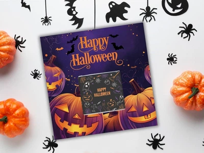 Листівка з міні шоколадкою на Хелловін. Halloween "Гарбузи з посмішками" 8х8 см