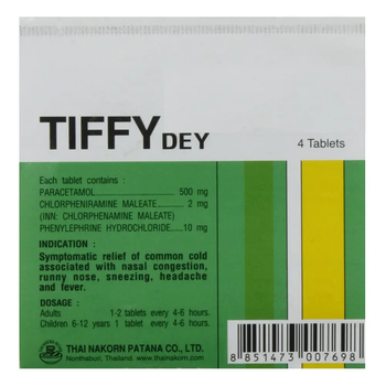 Cредство от простуды Tiffy Dey 1 упаковка х 4 таблетки (8851473007698)