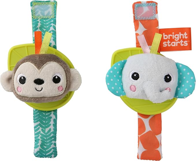 Grzechotka na rękę z gryzakiem Bright Starts Wrist Pals Małpka i Słoń 0 m + 2 szt (12092) (74451120921)