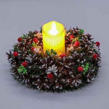 Рождественский декоративный венок-подсвечник GALA DECOR из шишек и ягод 22 см красно-белый с лед свечой В2201Л
