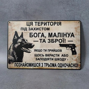 Табличка Ця територія під захистом Бога, Малінуа та Зброї пластикова