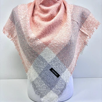 Зимний кашемировый платок Cashmere в клетку 85х85см Пудровый