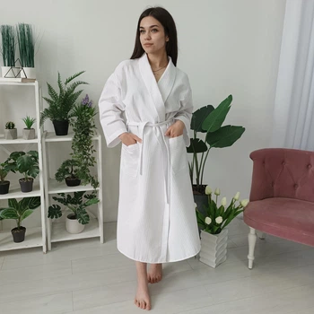 Вафельний халат Luxyart Кімоно розмір (46-48) М 100% бавовна білий (LS-0392)