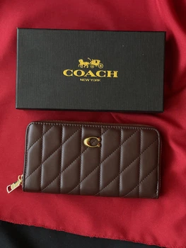Женский кошелек Coach Quilted Leather Zip Around Long Walle коричневый большой