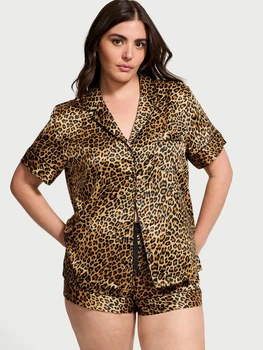 Піжама Сатинова (сорочка + шорти) Victoria's Secret Glazed Satin Short Pajama Set XL Леопардовий (2681375D)