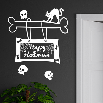 Наклейка на стену Хэллоуин Happy Halloween Табличка на кости черепа чёрный кот Happy Pocket Набор M белый глянцевый (HP-145M-010GL)