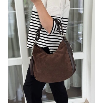 Сумка мешок женская из натуральной замши в сочетании с кожей Genuine leather 28727 коричневая