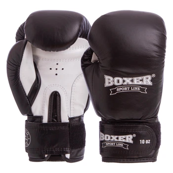 Перчатки боксерские кожаные BOXER 2023 Черный-белый 10 унции