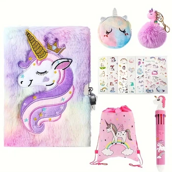 Пушистый дневник блокнот для секретов Unicorn Diary 8 in 1 (замок, ключ, ручка, стикеры, сумочка, брелок)