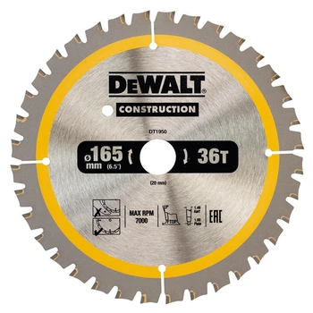 Диск пиляльний DeWALT CONSTRUCTION, розмір 165 х 20 мм, кількість зубів 36, геометрія зуба ATB, кут заточування 20 градусів