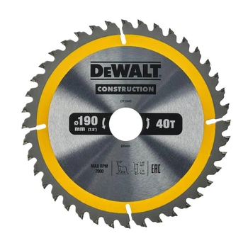Диск пиляльний DeWALT, СONSTRUCTION, розмір 190 х 30 мм, кількість зубів 40, геометрія зубів ATB, кут заточування градусів 10,
