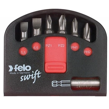 Набор бит Felo Swift 25 мм 5,5х1 / 6,5х1,2 / PZ1 / PZ2 / PH1 / PH2 + магнитный держатель; 7шт. (2060116)