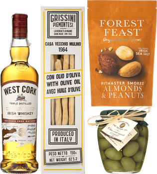 Подарунковий набір Brut Buro Для нього Віскі West Cork Bourbon Cask 0.7 л 40% + Оливки зелені Brandi 280 г + Суміш арахісу і мигдалю Forest Feast 120 г + Гриссині Casa Vecchio Mulino 150 г (2021001143051)