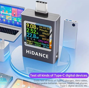 Тестер HiDance HDC-085C кольоровий TYPE-C USB 4.5-50V PD 3.1 12A для повербанків, блоків живлення Сірий
