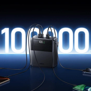 Павербанк Remax 100000 mAh 27W/22.5W Павербанк Remax FP-1 Piloteer Series зі швидкою зарядкою PD/QC, Портативний зовнішній акумулятор, універсальні порти 2Type-C/4USB/1micro-USB/1Lightning, LED-дисплей, вбудований ліхтарик Чорний