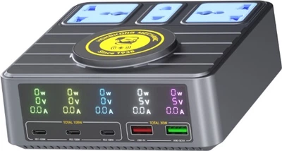 Зарядна станція з цифровою індикацією Mechanic S-Power, 3xPD3.1-100W, QC3.0-15W, USB-A, Wireless Charging, 3xSocket, 220V/135W, 125x131x54 мм (YT40937)