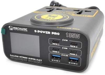 Зарядна станція з цифровою індикацією Mechanic S-Power Pro, 4xPD3.1-30W, 2xQC3.0-15W, Wireless Charging, 2xSocket, 220V/135W, 120x130x55 мм (YT40936)