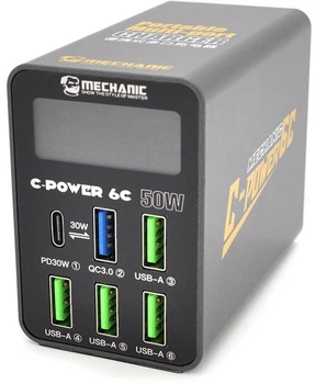 Зарядна станція з цифровою індикацією Mechanic C-Power 6C, 4xUSB-A, 1xQC3.0-5В3А, 9В2A, 12В1.5А, 1xPD3.1-5В3А, 9В2.22A, 12В1.67А, 220V/50W, 150x100x50 мм (YT40954)