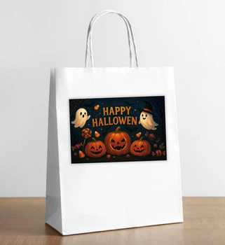 Белый крафт пакет с наклейкой Хэллоуин. Halloween "Happy Halloween" 28х19х11