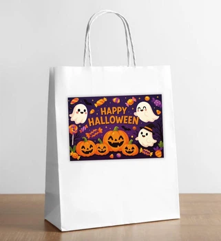 Белый крафт пакет с наклейкой Хэллоуин. Halloween "Тыквы" 28х19х11