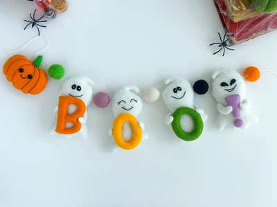 Гірлянда «BOO!» з фетру – привиди та гарбузик (хелловінський декор)