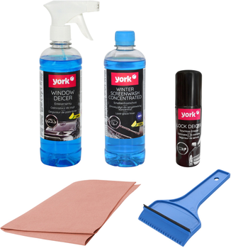 Zimowy zestaw do samochodu York płyn do spryskiwaczy szyb 500 ml + odmrażacz do szyb 500 ml + odmrażacz do zamków 50 ml + skrobaczka do szyb + ściereczka przeciwmgielna (5903355149729)