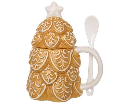 Кружка керамічна з кришкою Пряникова ялинка, 450мл 928-188