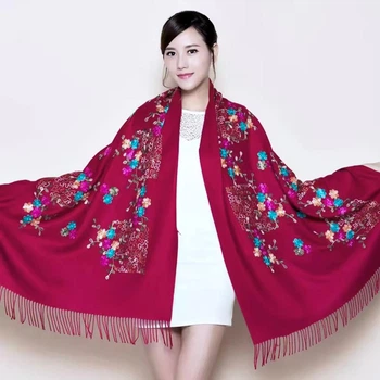 Теплый женский кашемировый шарф палантин Boutique embroidery с вышивкой 180х70см Бордовый