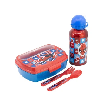 Набор посуды детский 4 предметов Человек-паук Stor Spider-Man алюминиевая бутылка 400 мл и пластиковые ложка, вилка та ланч-бокс