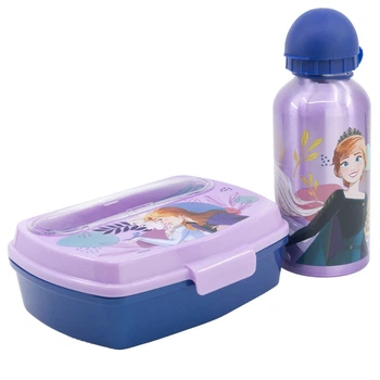Детский набор 4 предмета Холодное сердце Stor Frozen алюминиевая бутылка 400 мл и ланч-бокс с ложкой и вилкой фиолетовые с синим