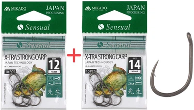 Набор крючков Mikado Sensual X-Tra Strong Carp №12 и №14 (ушко) 2x10 шт. black matt (HS805-SET12DB-14DB)