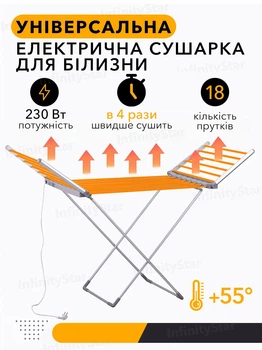 Електросушарка для білизни рушників з підігрівом 230W зручне сушіння одягу з обігрівом бічних крил 18 канальна алюмінієва розкладна підлогова електрична сушарка струна Сіра (LM_4311)